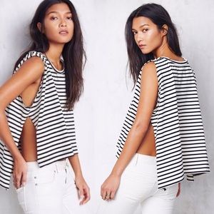 FREE PEOPLE (WE THE FREE) Black and Cream Striped Madness Side Slit Crop Tank